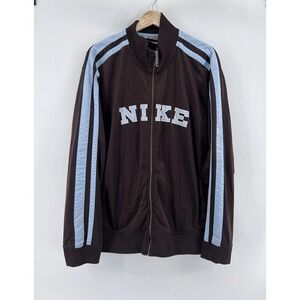 Y2K Nike Track Jacket Mens Size XL Blue Brown Striped Swoosh Athletic Full Zip